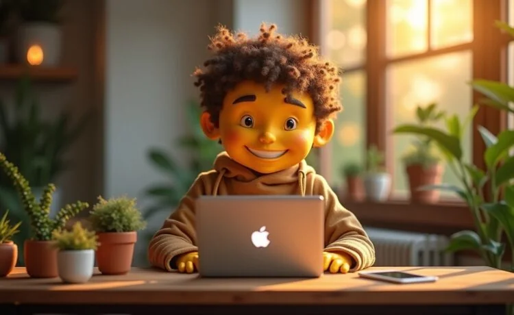 Ein warm beleuchteter, moderner Arbeitsplatz mit einem freundlichen Kreativkopf, der konzentriert am Laptop ein intuitives Webdesign-Tool nutzt, umgeben von Notizblöcken, Pflanzen und sanftem Tageslicht, das eine lebendige Atmosphäre des selbstbestimmten, professionellen Online-Business im Jahr 2025 vermittelt.