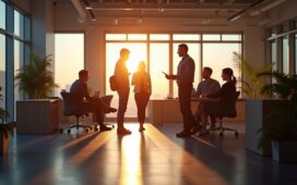 Ein modernes, lichtdurchflutetes Büro mit einem konzentrierten Team, das an kreativen KI-gestützten Strategien arbeitet, um Marken im digitalen Zeitalter erfolgreich zu positionieren – warmes Tageslicht betont die lebendige Atmosphäre von Innovation und Zusammenarbeit.