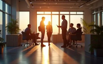 Ein modernes, lichtdurchflutetes Büro mit einem konzentrierten Team, das an kreativen KI-gestützten Strategien arbeitet, um Marken im digitalen Zeitalter erfolgreich zu positionieren – warmes Tageslicht betont die lebendige Atmosphäre von Innovation und Zusammenarbeit.