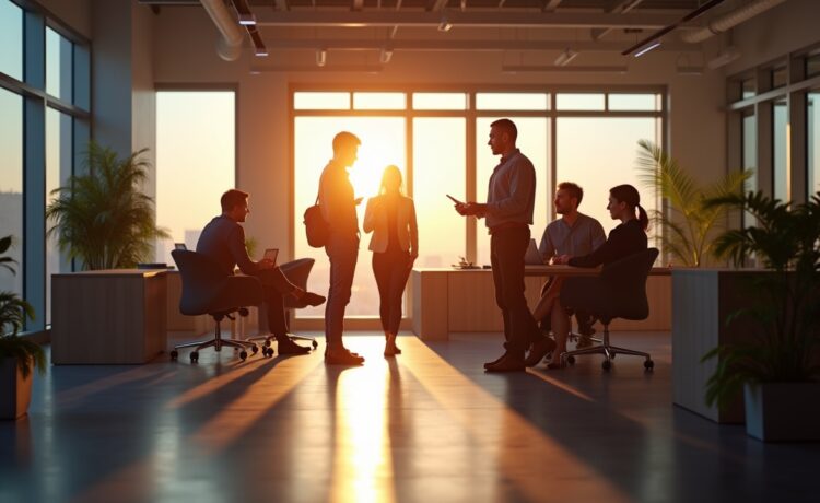 Ein modernes, lichtdurchflutetes Büro mit einem konzentrierten Team, das an kreativen KI-gestützten Strategien arbeitet, um Marken im digitalen Zeitalter erfolgreich zu positionieren – warmes Tageslicht betont die lebendige Atmosphäre von Innovation und Zusammenarbeit.