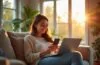 Helle, einladende Szene in einem modernen Wohnzimmer, in der eine lächelnde junge Frau entspannt mit Smartphone und Laptop sitzt, während weiches Tageslicht durch große Fenster fällt und die warme Atmosphäre ihres digitalen Einkaufs mit KI-Unterstützung spürbar macht.