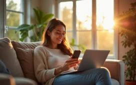 Helle, einladende Szene in einem modernen Wohnzimmer, in der eine lächelnde junge Frau entspannt mit Smartphone und Laptop sitzt, während weiches Tageslicht durch große Fenster fällt und die warme Atmosphäre ihres digitalen Einkaufs mit KI-Unterstützung spürbar macht.