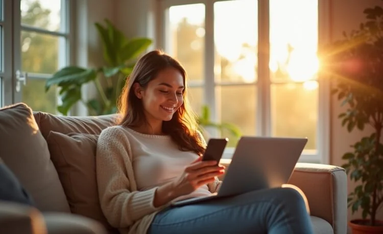 Helle, einladende Szene in einem modernen Wohnzimmer, in der eine lächelnde junge Frau entspannt mit Smartphone und Laptop sitzt, während weiches Tageslicht durch große Fenster fällt und die warme Atmosphäre ihres digitalen Einkaufs mit KI-Unterstützung spürbar macht.
