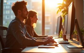 Ein hell erleuchteter, moderner Büroarbeitsplatz mit mehreren Windows-Rechnern, an denen konzentrierte Menschen in freundlicher Atmosphäre gemeinsam sicher und organisiert digitale Aufgaben erledigen, während warmes Tageslicht durch große Fenster fällt und eine einladende, vertrauensvolle Stimmung schafft.