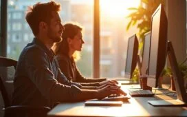 Ein hell erleuchteter, moderner Büroarbeitsplatz mit mehreren Windows-Rechnern, an denen konzentrierte Menschen in freundlicher Atmosphäre gemeinsam sicher und organisiert digitale Aufgaben erledigen, während warmes Tageslicht durch große Fenster fällt und eine einladende, vertrauensvolle Stimmung schafft.