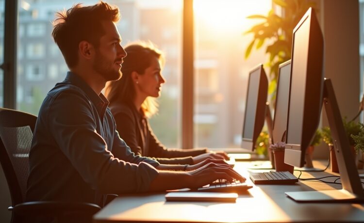 Ein hell erleuchteter, moderner Büroarbeitsplatz mit mehreren Windows-Rechnern, an denen konzentrierte Menschen in freundlicher Atmosphäre gemeinsam sicher und organisiert digitale Aufgaben erledigen, während warmes Tageslicht durch große Fenster fällt und eine einladende, vertrauensvolle Stimmung schafft.