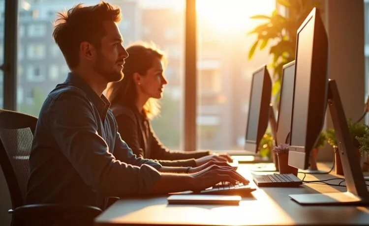 Ein hell erleuchteter, moderner Büroarbeitsplatz mit mehreren Windows-Rechnern, an denen konzentrierte Menschen in freundlicher Atmosphäre gemeinsam sicher und organisiert digitale Aufgaben erledigen, während warmes Tageslicht durch große Fenster fällt und eine einladende, vertrauensvolle Stimmung schafft.