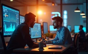 Ein strahlend helles, natürlicht beleuchtetes Büro mit einem fokussierten IT-Sicherheitsteam bei der gemeinsamen Analyse von Netzwerkdaten auf mehreren Bildschirmen, das durch warme Farbtöne und sanftes Tageslicht eine vertrauensvolle und professionelle Atmosphäre ausstrahlt.