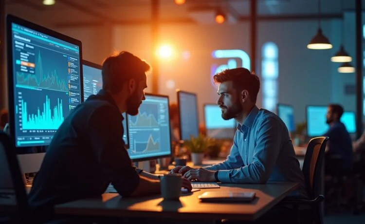 Ein strahlend helles, natürlicht beleuchtetes Büro mit einem fokussierten IT-Sicherheitsteam bei der gemeinsamen Analyse von Netzwerkdaten auf mehreren Bildschirmen, das durch warme Farbtöne und sanftes Tageslicht eine vertrauensvolle und professionelle Atmosphäre ausstrahlt.