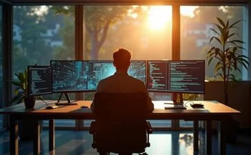 Ein modernes, hell ausgeleuchtetes Büro mit konzentrierten IT-Sicherheitsprofis vor mehreren Bildschirmen, die in warmer natürlicher Morgensonne sitzen, während subtiler digitaler Code und Netzwerkgrafiken auf den Monitoren eine Atmosphäre von intelligenter Cyberabwehr schaffen und zugleich die Dringlichkeit und Menschlichkeit hinter dem Kampf gegen automatisierte KI-Hacker spürbar machen.