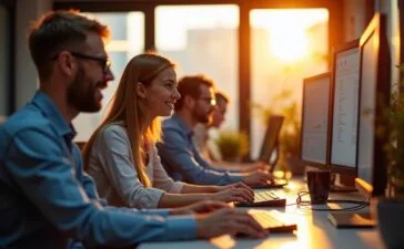 In einem hell beleuchteten, modernen Büro sitzen engagierte Softwareentwickler*innen konzentriert vor mehreren Bildschirmen, während durch große Fenster warmes Tageslicht einfällt und eine freundliche, produktive Atmosphäre voller Teamgeist und kreativer Technologie-Enthusiasmus schafft.