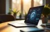 Ein heller, freundlicher Arbeitsplatz mit einem modernen Laptop, auf dessen Bildschirm schemenhaft KI-gestützte Browserfunktionen sichtbar sind, umgeben von warmem Tageslicht und dezenten technischen Accessoires, die eine Atmosphäre von Innovation und wachsender Sicherheit im digitalen Zeitalter vermitteln.