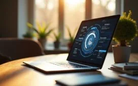 Ein heller, freundlicher Arbeitsplatz mit einem modernen Laptop, auf dessen Bildschirm schemenhaft KI-gestützte Browserfunktionen sichtbar sind, umgeben von warmem Tageslicht und dezenten technischen Accessoires, die eine Atmosphäre von Innovation und wachsender Sicherheit im digitalen Zeitalter vermitteln.