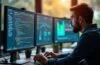 Ein helles, warmes Redaktionsfoto zeigt einen konzentrierten IT-Experten an einem modernen Arbeitsplatz, umgeben von mehreren Bildschirmen mit offenen Browser-Fenstern und KI-Dashboard-Elementen, durch das natürliche Tageslicht sanft beleuchtet und mit einem freundlichen, einladenden Ambiente, das das spannende Spannungsfeld zwischen Fortschritt und Sicherheit in der digitalen Welt widerspiegelt.