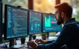 Ein helles, warmes Redaktionsfoto zeigt einen konzentrierten IT-Experten an einem modernen Arbeitsplatz, umgeben von mehreren Bildschirmen mit offenen Browser-Fenstern und KI-Dashboard-Elementen, durch das natürliche Tageslicht sanft beleuchtet und mit einem freundlichen, einladenden Ambiente, das das spannende Spannungsfeld zwischen Fortschritt und Sicherheit in der digitalen Welt widerspiegelt.