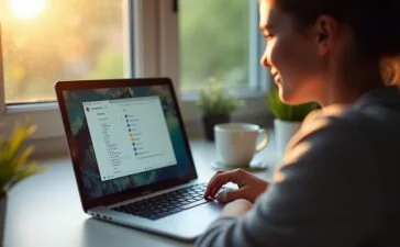 Ein hell erleuchteter, freundlicher Arbeitsplatz mit einem modernen Laptop, auf dessen Bildschirm eine Browseroberfläche mit geöffnetem Erweiterungsmenü zu sehen ist, während im Hintergrund sanftes Tageslicht durch ein Fenster fällt und eine nachdenklich lächelnde Person konzentriert den Schutz ihrer Online-Sicherheit prüft.