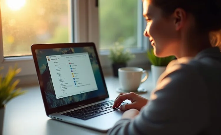 Ein hell erleuchteter, freundlicher Arbeitsplatz mit einem modernen Laptop, auf dessen Bildschirm eine Browseroberfläche mit geöffnetem Erweiterungsmenü zu sehen ist, während im Hintergrund sanftes Tageslicht durch ein Fenster fällt und eine nachdenklich lächelnde Person konzentriert den Schutz ihrer Online-Sicherheit prüft.