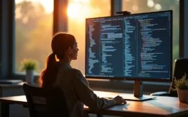 In einem hell erleuchteten, modernen Büro sitzt eine entspannte Person vor einem großen Bildschirm, auf dem komplexe Codezeilen und KI-Datenströme sanft reflektiert werden, während warmes Tageslicht durchs Fenster fällt und eine Atmosphäre von verantwortungsbewusster Innovation und digitaler Vertrauensbildung schafft.