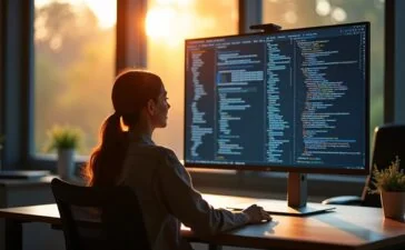 In einem hell erleuchteten, modernen Büro sitzt eine entspannte Person vor einem großen Bildschirm, auf dem komplexe Codezeilen und KI-Datenströme sanft reflektiert werden, während warmes Tageslicht durchs Fenster fällt und eine Atmosphäre von verantwortungsbewusster Innovation und digitaler Vertrauensbildung schafft.