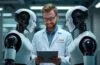 In einem modernen, hell erleuchteten Techniklabor stehen zwei humanoide Roboter sich gegenüber, während ein engagierter Wissenschaftler mit warmem Lächeln am Tablet die komplexe Vernetzung prüft – ein Bild, das vertrauensvolle Innovation und die dringende Sicherheitsdebatte rund um KI-gesteuerte Maschinen eindrucksvoll einfängt.
