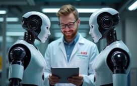 In einem modernen, hell erleuchteten Techniklabor stehen zwei humanoide Roboter sich gegenüber, während ein engagierter Wissenschaftler mit warmem Lächeln am Tablet die komplexe Vernetzung prüft – ein Bild, das vertrauensvolle Innovation und die dringende Sicherheitsdebatte rund um KI-gesteuerte Maschinen eindrucksvoll einfängt.