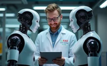 In einem modernen, hell erleuchteten Techniklabor stehen zwei humanoide Roboter sich gegenüber, während ein engagierter Wissenschaftler mit warmem Lächeln am Tablet die komplexe Vernetzung prüft – ein Bild, das vertrauensvolle Innovation und die dringende Sicherheitsdebatte rund um KI-gesteuerte Maschinen eindrucksvoll einfängt.