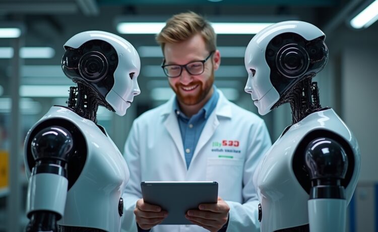 In einem modernen, hell erleuchteten Techniklabor stehen zwei humanoide Roboter sich gegenüber, während ein engagierter Wissenschaftler mit warmem Lächeln am Tablet die komplexe Vernetzung prüft – ein Bild, das vertrauensvolle Innovation und die dringende Sicherheitsdebatte rund um KI-gesteuerte Maschinen eindrucksvoll einfängt.