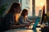 Eine helle, einladende Büroszene mit konzentrierten Entwicklerinnen und Entwicklern an modernen Laptops, umgeben von warmem Tageslicht und subtilen technischen Details, die die Balance zwischen fortschrittlicher KI-Unterstützung und der menschlichen Verantwortung für sichere Software symbolisieren.