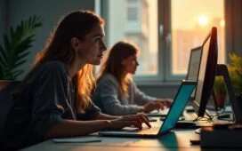 Eine helle, einladende Büroszene mit konzentrierten Entwicklerinnen und Entwicklern an modernen Laptops, umgeben von warmem Tageslicht und subtilen technischen Details, die die Balance zwischen fortschrittlicher KI-Unterstützung und der menschlichen Verantwortung für sichere Software symbolisieren.