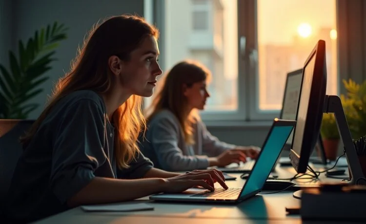 Eine helle, einladende Büroszene mit konzentrierten Entwicklerinnen und Entwicklern an modernen Laptops, umgeben von warmem Tageslicht und subtilen technischen Details, die die Balance zwischen fortschrittlicher KI-Unterstützung und der menschlichen Verantwortung für sichere Software symbolisieren.