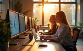 Ein hell erleuchtetes, modernes Büro mit konzentrierten IT-Expert:innen, die in entspannter Atmosphäre vor mehreren Bildschirmen an innovativen, sicheren Container-Lösungen arbeiten – Sonnenlicht strömt warm durch große Fenster und betont die technische Präzision und zugleich freundliche Teamdynamik eines zukunftsorientierten Entwicklerteams.