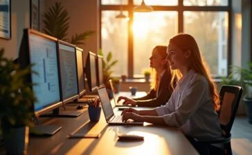 Ein hell erleuchtetes, modernes Büro mit konzentrierten IT-Expert:innen, die in entspannter Atmosphäre vor mehreren Bildschirmen an innovativen, sicheren Container-Lösungen arbeiten – Sonnenlicht strömt warm durch große Fenster und betont die technische Präzision und zugleich freundliche Teamdynamik eines zukunftsorientierten Entwicklerteams.