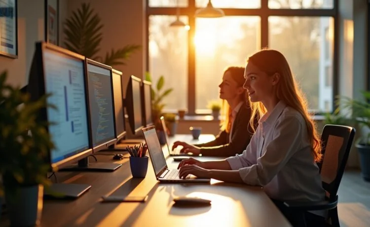 Ein hell erleuchtetes, modernes Büro mit konzentrierten IT-Expert:innen, die in entspannter Atmosphäre vor mehreren Bildschirmen an innovativen, sicheren Container-Lösungen arbeiten – Sonnenlicht strömt warm durch große Fenster und betont die technische Präzision und zugleich freundliche Teamdynamik eines zukunftsorientierten Entwicklerteams.