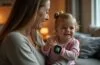 Eine helle, natürlich belichtete Szene zeigt liebevoll eine sorgsame Mutter, die ihrem neugierigen Kind sanft die Kinder-Smartwatch ans Handgelenk legt, während beide in einem warmen, modernen Wohnzimmer entspannt lächeln und die behutsame Verbindung zwischen Schutz und kindlicher Freiheit spürbar wird.