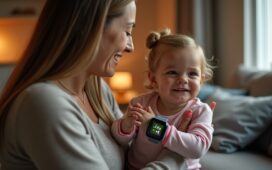 Eine helle, natürlich belichtete Szene zeigt liebevoll eine sorgsame Mutter, die ihrem neugierigen Kind sanft die Kinder-Smartwatch ans Handgelenk legt, während beide in einem warmen, modernen Wohnzimmer entspannt lächeln und die behutsame Verbindung zwischen Schutz und kindlicher Freiheit spürbar wird.