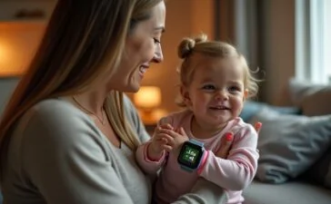 Eine helle, natürlich belichtete Szene zeigt liebevoll eine sorgsame Mutter, die ihrem neugierigen Kind sanft die Kinder-Smartwatch ans Handgelenk legt, während beide in einem warmen, modernen Wohnzimmer entspannt lächeln und die behutsame Verbindung zwischen Schutz und kindlicher Freiheit spürbar wird.