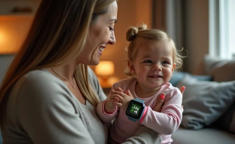 Eine helle, natürlich belichtete Szene zeigt liebevoll eine sorgsame Mutter, die ihrem neugierigen Kind sanft die Kinder-Smartwatch ans Handgelenk legt, während beide in einem warmen, modernen Wohnzimmer entspannt lächeln und die behutsame Verbindung zwischen Schutz und kindlicher Freiheit spürbar wird.