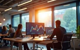 Ein lebendiges, natürlich beleuchtetes Büroambiente, in dem ein engagiertes Team aus Webentwicklern und Analysten konzentriert vor großen Bildschirmen mit dynamischen Diagrammen und Social-Media- sowie SEO-Daten arbeitet, umgeben von warmem Tageslicht und moderner Technik, das den harmonischen Schnittpunkt von Social Media und Google Search Console visualisiert.