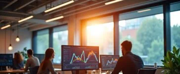 Ein lebendiges, natürlich beleuchtetes Büroambiente, in dem ein engagiertes Team aus Webentwicklern und Analysten konzentriert vor großen Bildschirmen mit dynamischen Diagrammen und Social-Media- sowie SEO-Daten arbeitet, umgeben von warmem Tageslicht und moderner Technik, das den harmonischen Schnittpunkt von Social Media und Google Search Console visualisiert.