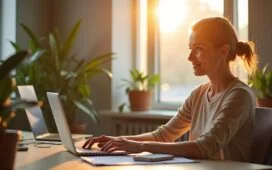 Ein warm beleuchtetes, modernes Büro mit einer motivierten jungen Frau, die am Laptop entspannt und aufmerksam ihre Privatsphäre-Einstellungen in sozialen Netzwerken überprüft, umgeben von natürlichen Pflanzen und weichem Tageslicht, das eine einladende und vertrauensvolle Atmosphäre schafft.