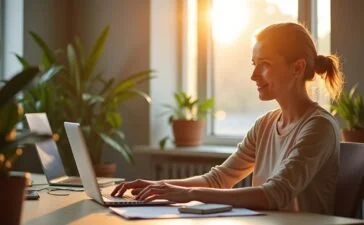 Ein warm beleuchtetes, modernes Büro mit einer motivierten jungen Frau, die am Laptop entspannt und aufmerksam ihre Privatsphäre-Einstellungen in sozialen Netzwerken überprüft, umgeben von natürlichen Pflanzen und weichem Tageslicht, das eine einladende und vertrauensvolle Atmosphäre schafft.