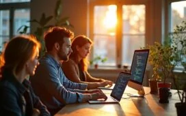 Ein strahlend helles, warm ausgeleuchtetes Büro, in dem ein engagiertes Entwicklerteam konzentriert vor ihren modernen Laptops an komplexen Code- und Sicherheitsdiagrammen arbeitet, umgeben von natürlichen Pflanzen und gemütlicher, einladender Atmosphäre, die Vertrauen und Teamgeist ausstrahlt.