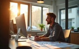 In einem hell erleuchteten, modernen Büro sitzt ein konzentrierter Softwarearchitekt lächelnd vor seinem Bildschirm, umgeben von Skizzen und digitalen Architekturdiagrammen, während warmes Sonnenlicht durch große Fenster fällt und eine einladende, kreative Arbeitsatmosphäre schafft.