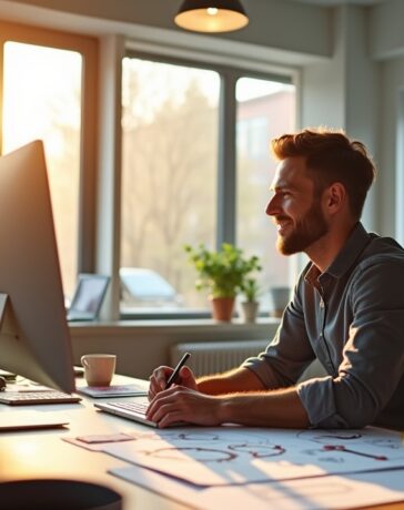 In einem hell erleuchteten, modernen Büro sitzt ein konzentrierter Softwarearchitekt lächelnd vor seinem Bildschirm, umgeben von Skizzen und digitalen Architekturdiagrammen, während warmes Sonnenlicht durch große Fenster fällt und eine einladende, kreative Arbeitsatmosphäre schafft.