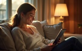 Eine helle, sonnendurchflutete Szene in einem gemütlichen, modernen Wohnzimmer, in dem eine junge Frau entspannt mit einem Tablet spricht, während sanftes Tageslicht ihr lächelndes Gesicht erhellt und eine freundliche, inspirierende Atmosphäre des digitalen Sprachlernens mit KI-Unterstützung vermittelt.