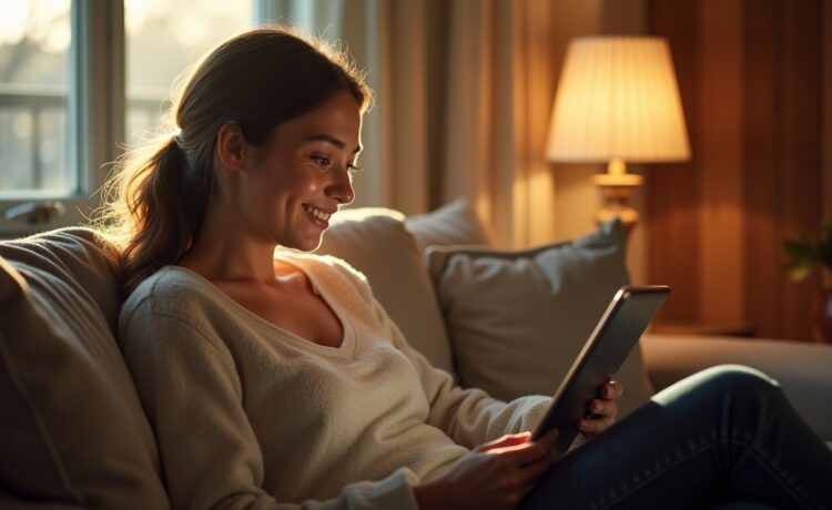 Eine helle, sonnendurchflutete Szene in einem gemütlichen, modernen Wohnzimmer, in dem eine junge Frau entspannt mit einem Tablet spricht, während sanftes Tageslicht ihr lächelndes Gesicht erhellt und eine freundliche, inspirierende Atmosphäre des digitalen Sprachlernens mit KI-Unterstützung vermittelt.