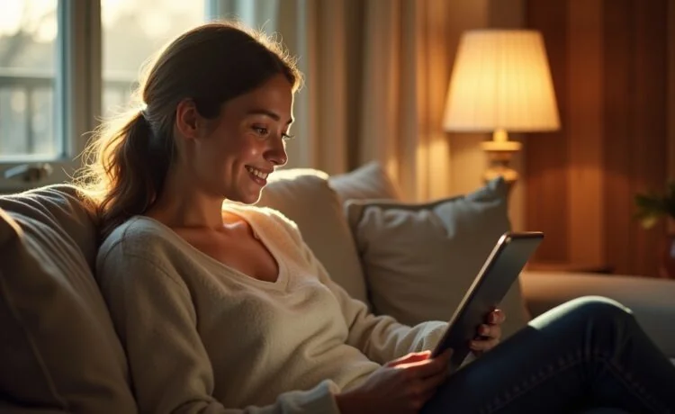 Eine helle, sonnendurchflutete Szene in einem gemütlichen, modernen Wohnzimmer, in dem eine junge Frau entspannt mit einem Tablet spricht, während sanftes Tageslicht ihr lächelndes Gesicht erhellt und eine freundliche, inspirierende Atmosphäre des digitalen Sprachlernens mit KI-Unterstützung vermittelt.