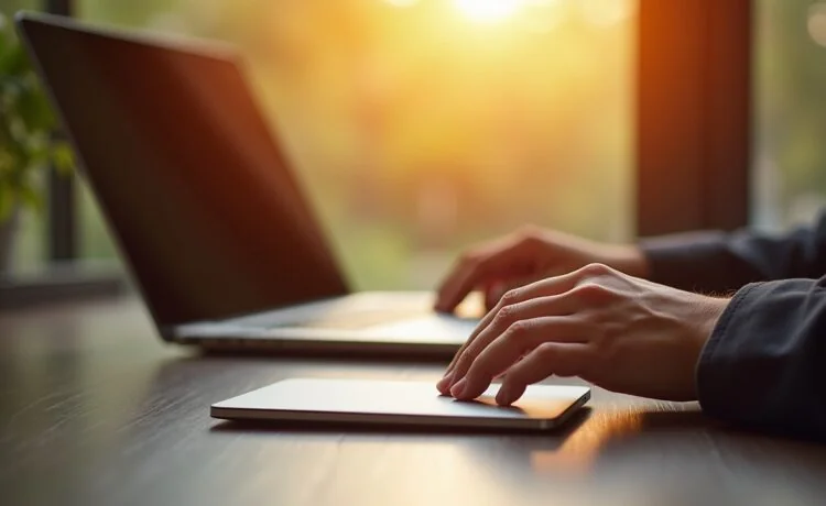 Ein hell erleuchteter, moderner Arbeitsplatz mit einem aufgeschraubten Laptop und einer handlichen SSD-Festplatte in warmer Nachmittagssonne, während die Hände einer Person sorgsam die Technik inspizieren und so Bild und Vertrauen in Datensicherheit und verantwortungsbewusste Pflege vermitteln.