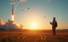 Ein strahlend klarer Himmel über einer lebendigen Landschaft, in der ein moderner Ingenieur mit einem Tablet Blickkontakt zu einer dynamisch startenden Rakete hält, während am Horizont Satellitenschwärme in den Orbit aufsteigen und die warme Abendsonne den Moment mit goldenem Licht umhüllt – ein Symbol für Fortschritt, globale Vernetzung und die Ambivalenz technologischer Macht.