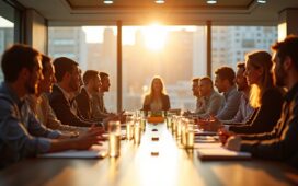 Ein strahlend natürlich beleuchteter Konferenztisch in modernem Hightech-Meetingraum, an dem engagierte Fachleute mit freundlichen Gesten und konzentrierten Blicken bei sonnendurchflutetem Fenster die enge Zusammenarbeit zwischen zwei führenden Chipgiganten, Nvidia und Intel, symbolisieren – eine warme Atmosphäre von Innovation, Vertrauen und gemeinsamer Zukunftsentwicklung.